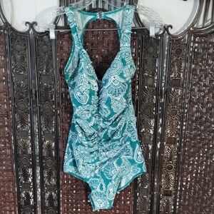 Women's One-Piece Swimsuit in Teal Paisley Print Size 12 Ruching Secure Clasp